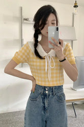 Short Sleeve Drawstring Cute Plaid Doll Collar Shirt